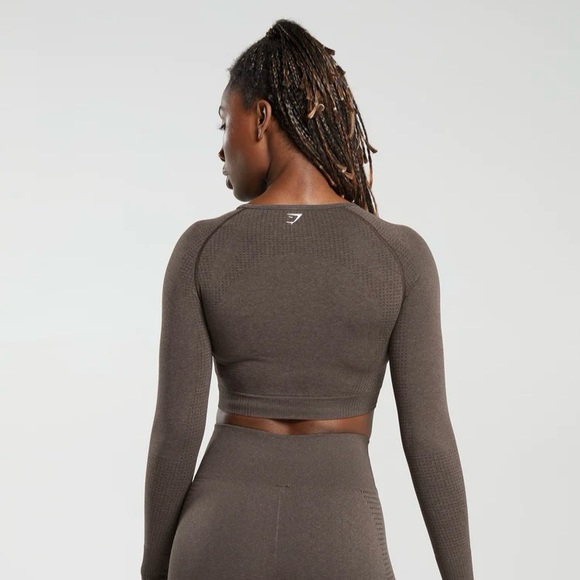 Gymshark Womens Vital Seamless 2.0 Long Sleeve Crop Top | S,M | Brown Marl NEW!! - Picture 5 of 12